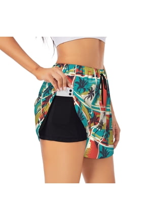 's Colorful Hawaii Palms for a double-layer running short for women, perfect for gym, tennis, and more, featuring a convenient pocket.