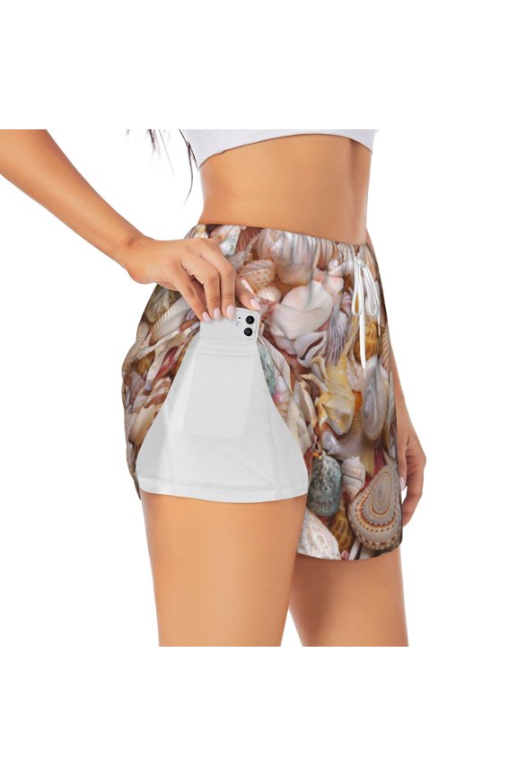 's Colorful Seashells for a double-layer running short for women, perfect for gym, tennis, and more, featuring a convenient pocket.