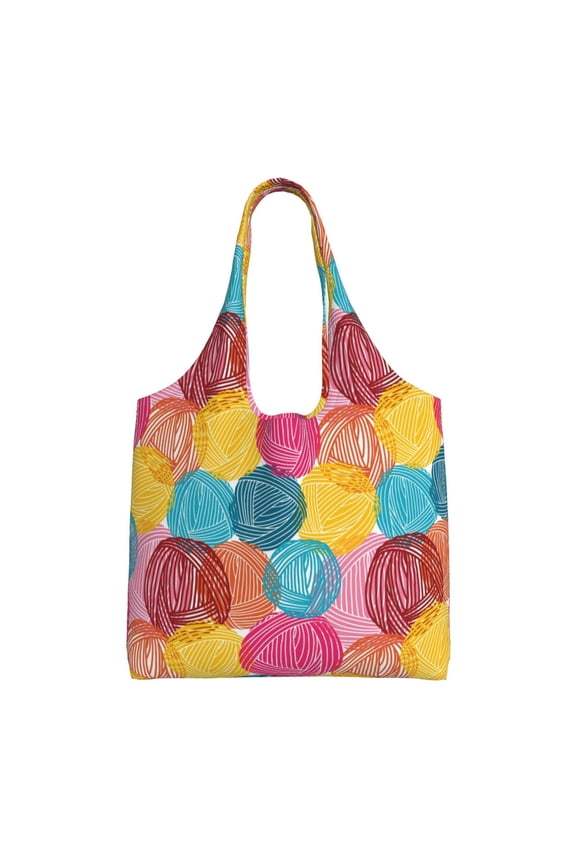 's Colorful Wool Balls Canvas Tote Bag is a versatile choice for women, serving as a stylish beach bag, shopping bag,and reusable grocery bag.