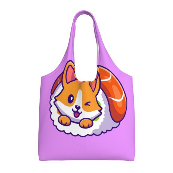 Xecao's Corgi In Sushi Roll Canvas Tote Bag is a versatile choice for women, serving as a stylish beach bag, shopping bag,and reusable grocery bag.