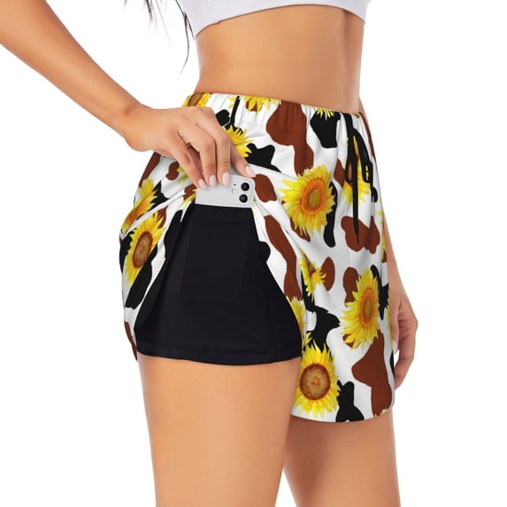 Xecao's Cow Print Sunflower for a double-layer running short for women, perfect for gym, tennis, and more, featuring a convenient pocket.