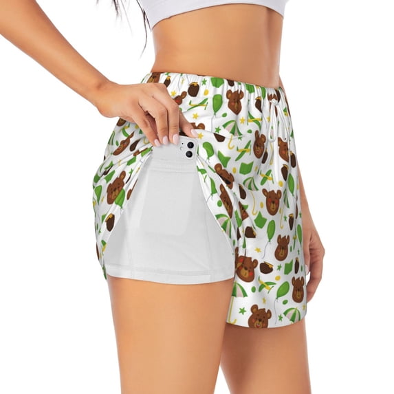 Xecao's Cute Bear for a double-layer running short for women, perfect for gym, tennis, and more, featuring a convenient pocket.