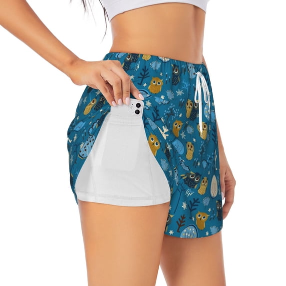 Xecao's Cute Colorful Owls And Trees for a double-layer running short for women, perfect for gym, tennis, and more, featuring a convenient pocket.