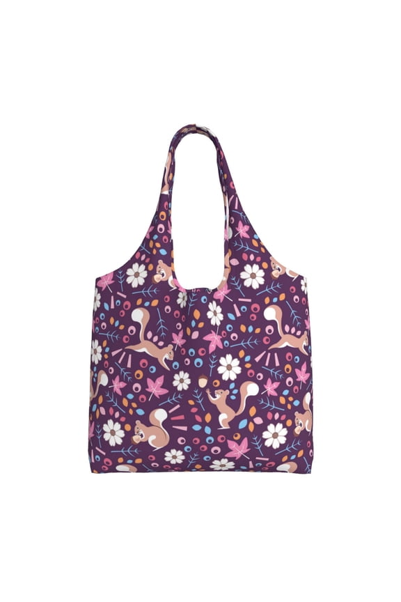 's Cute Squirrel Floral Canvas Tote Bag is a versatile choice for women, serving as a stylish beach bag, shopping bag,and reusable grocery bag.