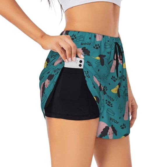 Xecao's Dachshund Dog for a double-layer running short for women, perfect for gym, tennis, and more, featuring a convenient pocket.