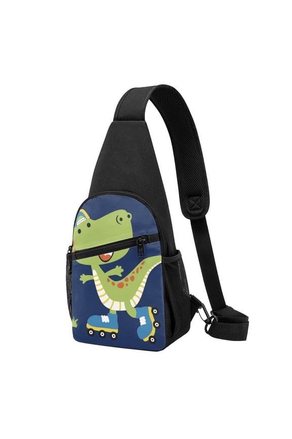 's Dino Playing Roller Skate Print Sling Bag: A Versatile Chest, Shoulder, and Crossbody Backpack for Casual Days Out, Perfect for Both Men and Women