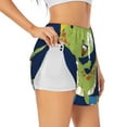 thumbnail image 1 of Xecao's Dino Playing Roller Skate for a double-layer running short for women, perfect for gym, tennis, and more, featuring a convenient pocket., 1 of 9