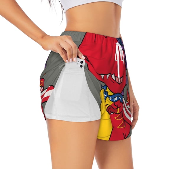 Xecao's Dinosaur Super Hero Cartoon for a double-layer running short for women, perfect for gym, tennis, and more, featuring a convenient pocket.