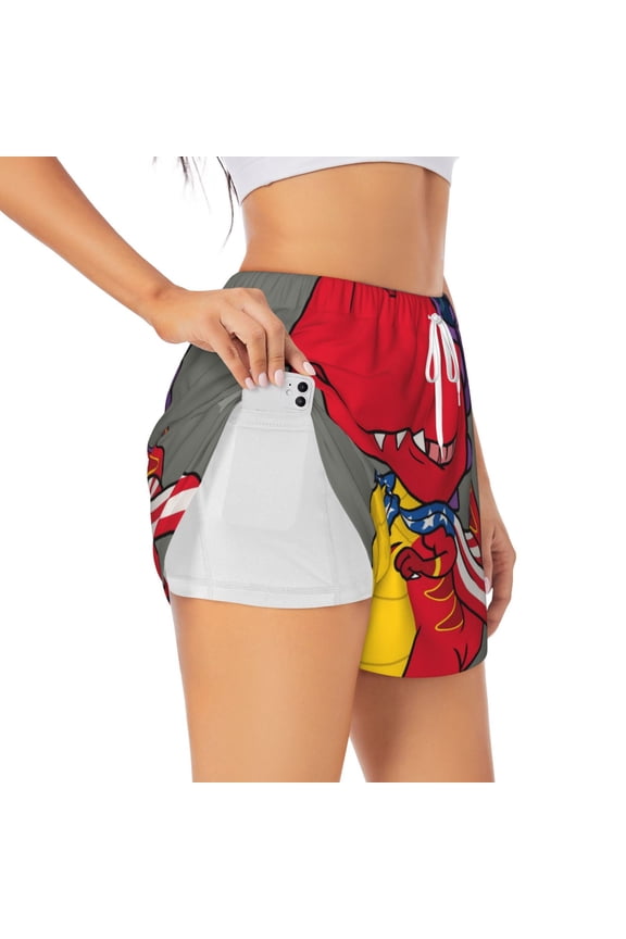 's Dinosaur Super Hero Cartoon for a double-layer running short for women, perfect for gym, tennis, and more, featuring a convenient pocket.
