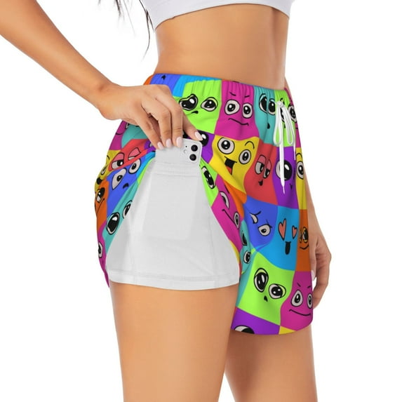 Xecao's Doodle Faces Emotions for a double-layer running short for women, perfect for gym, tennis, and more, featuring a convenient pocket.