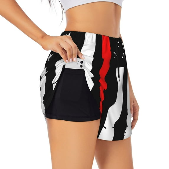 Xecao's Firefighters USA Flag for a double-layer running short for women, perfect for gym, tennis, and more, featuring a convenient pocket.