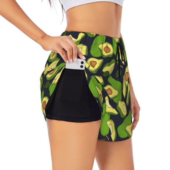 Xecao's Fresh Avocado for a double-layer running short for women, perfect for gym, tennis, and more, featuring a convenient pocket.