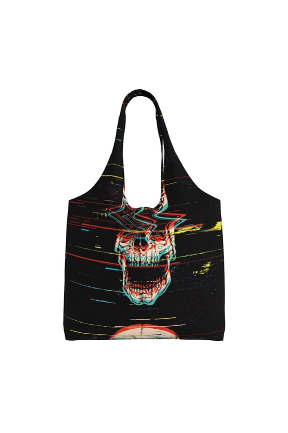 's Glitch Screaming Skull Canvas Tote Bag is a versatile choice for women, serving as a stylish beach bag, shopping bag,and reusable grocery bag.