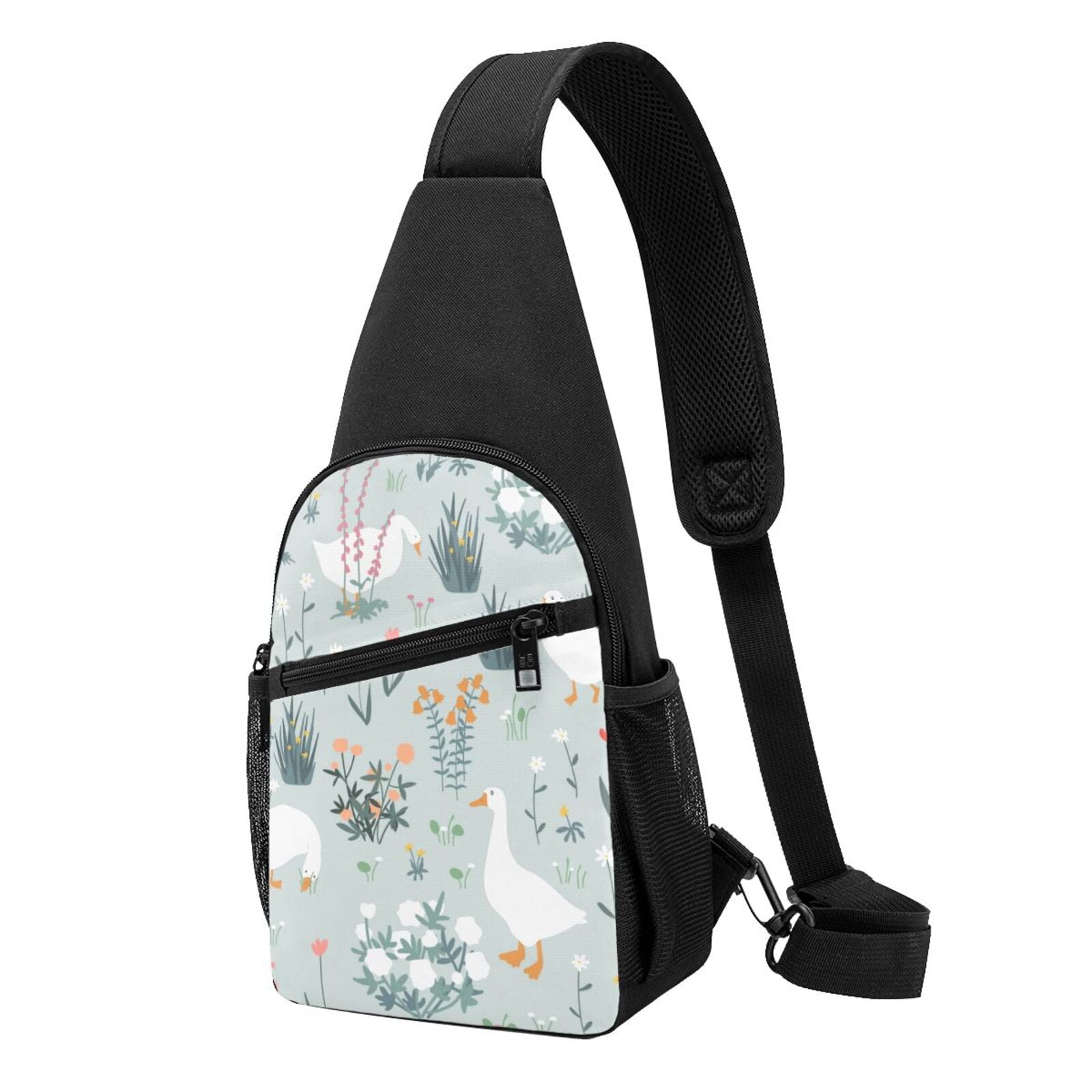 Xecao's Goose and Doodle Flowers Print Sling Bag: A Versatile Chest, Shoulder, and Crossbody Backpack for Casual Days Out, Perfect for Both Men and Women