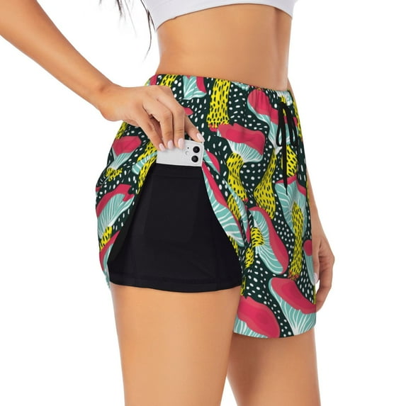 Xecao's Green Mushroom for a double-layer running short for women, perfect for gym, tennis, and more, featuring a convenient pocket.