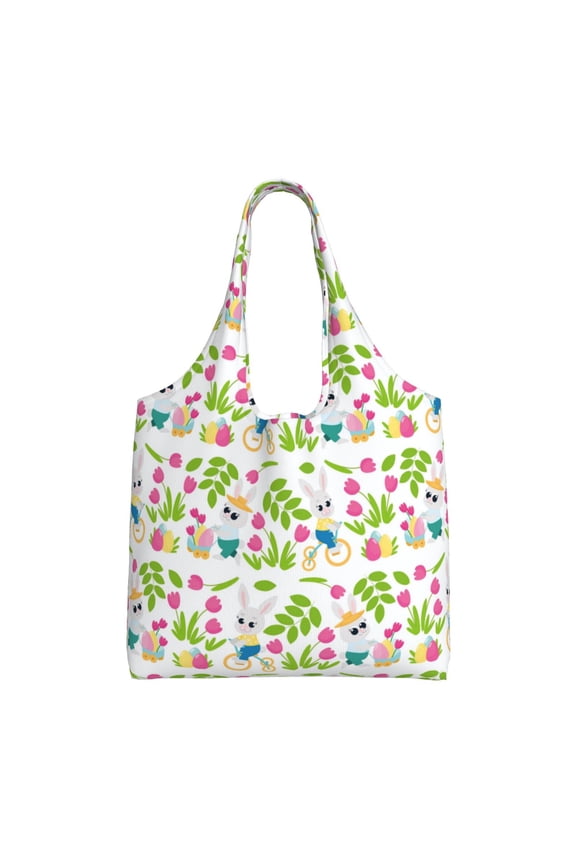 's Happy Easter Canvas Tote Bag is a versatile choice for women, serving as a stylish beach bag, shopping bag,and reusable grocery bag.