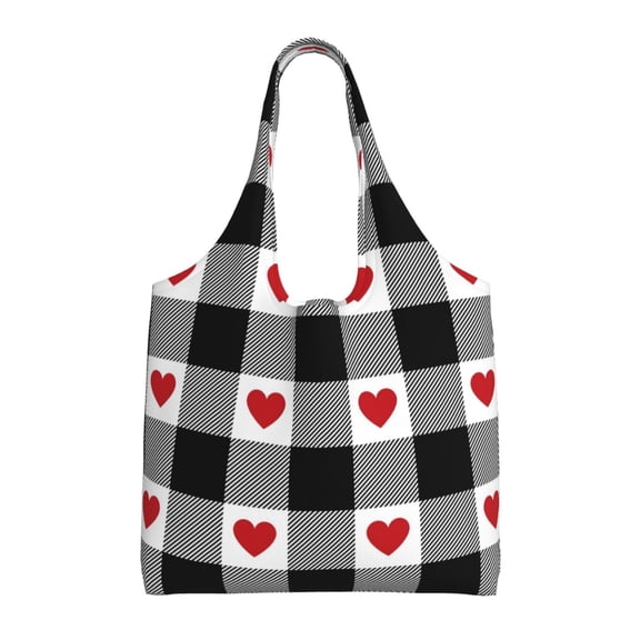 Xecao's Heart Black Buffalo Plaid Gingham Canvas Tote Bag is a versatile choice for women, serving as a stylish beach bag, shopping bag,and reusable grocery bag.