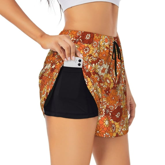 Xecao's Hippie Flower for a double-layer running short for women, perfect for gym, tennis, and more, featuring a convenient pocket.