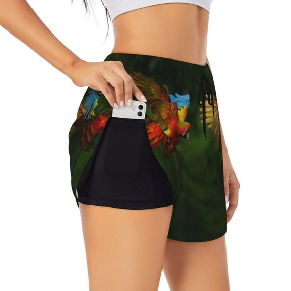 Xecao's Hybrid Parrot in the Forest for a double-layer running short for women, perfect for gym, tennis, and more, featuring a convenient pocket.