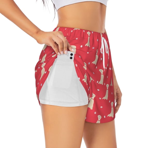 Xecao's Labrador Retriever Dog for a double-layer running short for women, perfect for gym, tennis, and more, featuring a convenient pocket.