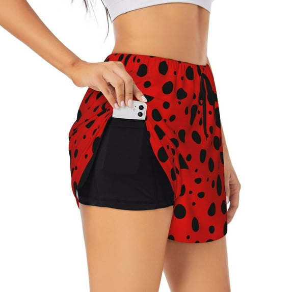 Xecao's Ladybug Pattern for a double-layer running short for women, perfect for gym, tennis, and more, featuring a convenient pocket.