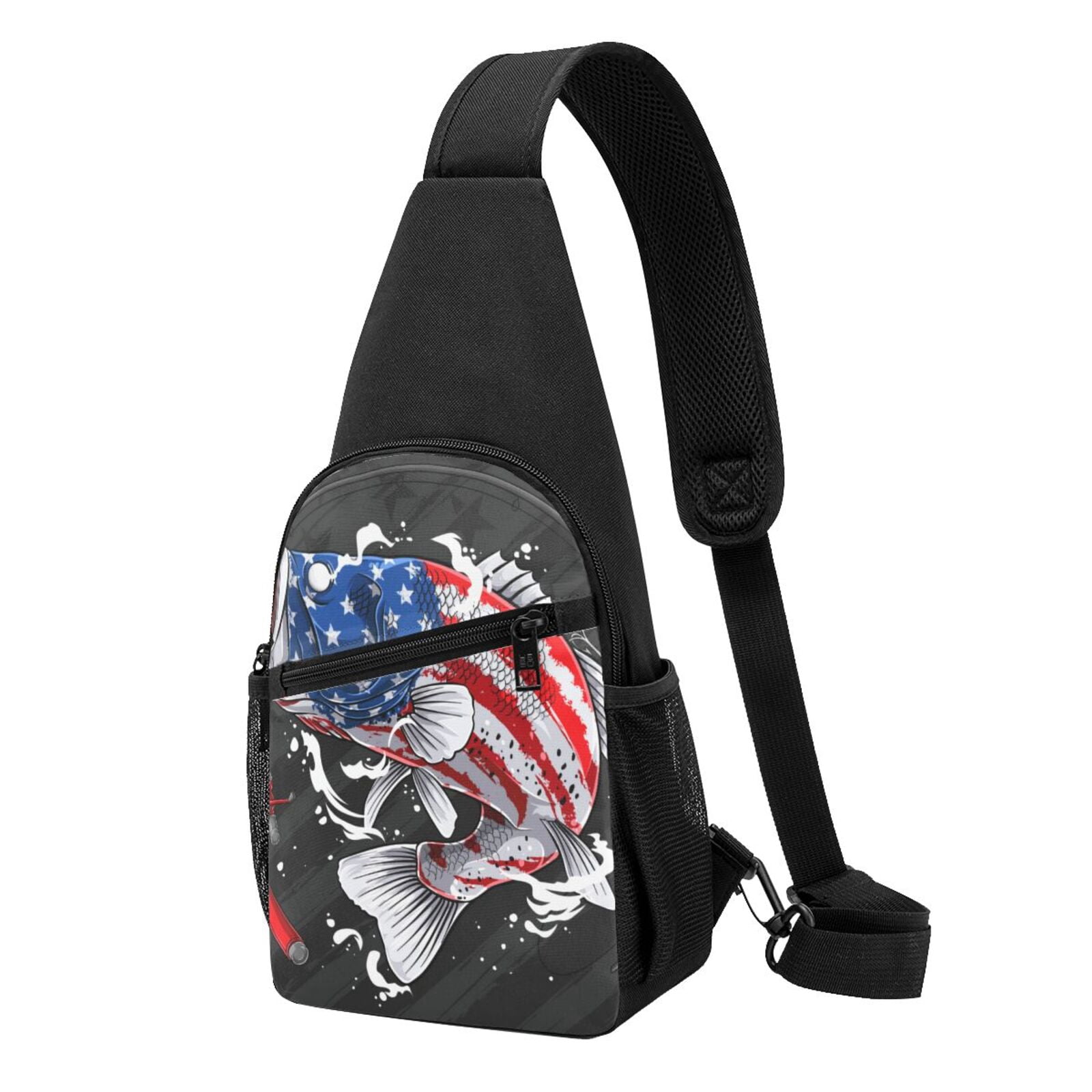 Xecao's Largemouth Bass Fish in USA Print Sling Bag: A Versatile Chest, Shoulder, and Crossbody Backpack for Casual Days Out, Perfect for Both Men and Women