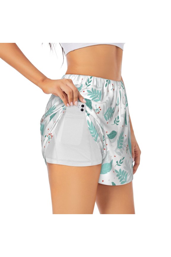 's Leaf Print Green for a double-layer running short for women, perfect for gym, tennis, and more, featuring a convenient pocket.