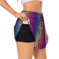 thumbnail image 1 of Xecao's Leopard Neon Rainbow Gradient for a double-layer running short for women, perfect for gym, tennis, and more, featuring a convenient pocket., 1 of 9
