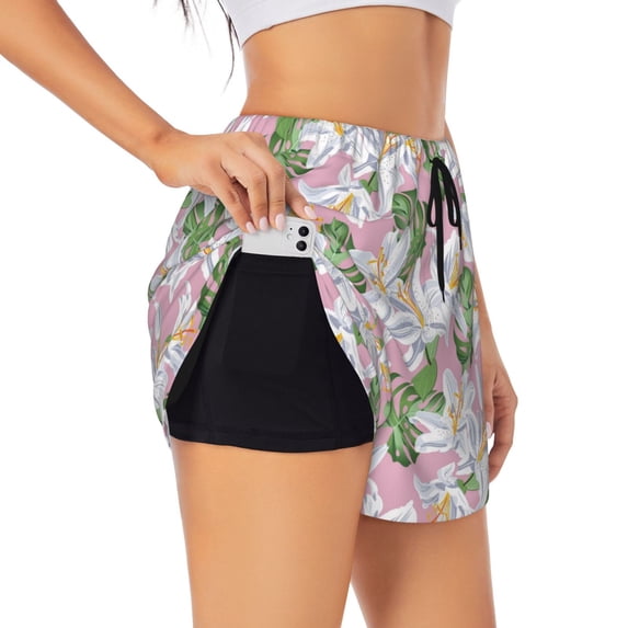 Xecao's Lilies Flowers for a double-layer running short for women, perfect for gym, tennis, and more, featuring a convenient pocket.