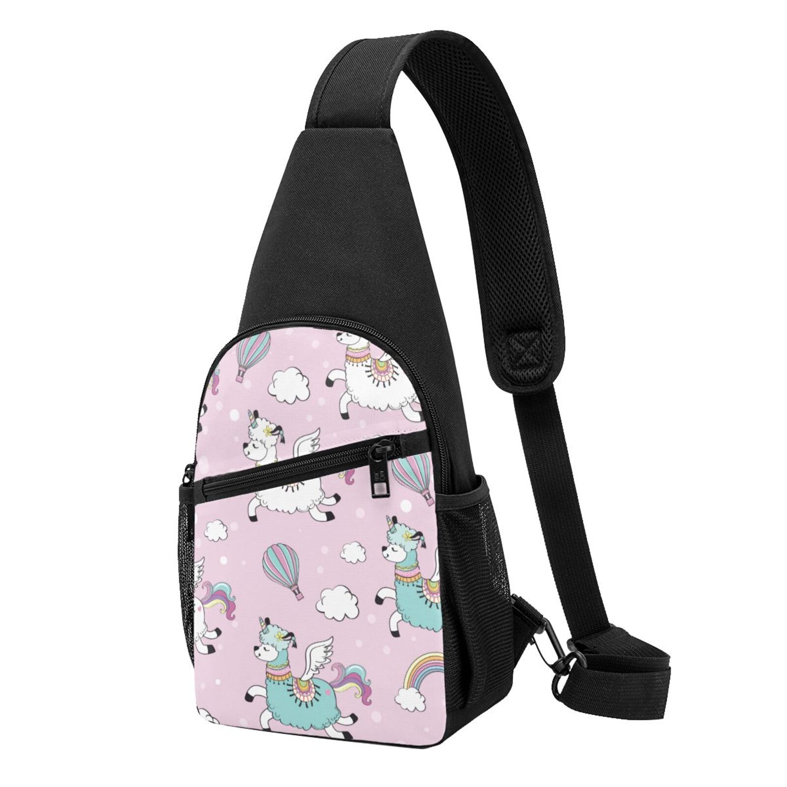 Xecao's Llama Unicorn and Rainbow Print Sling Bag: A Versatile Chest, Shoulder, and Crossbody Backpack for Casual Days Out, Perfect for Both Men and Women