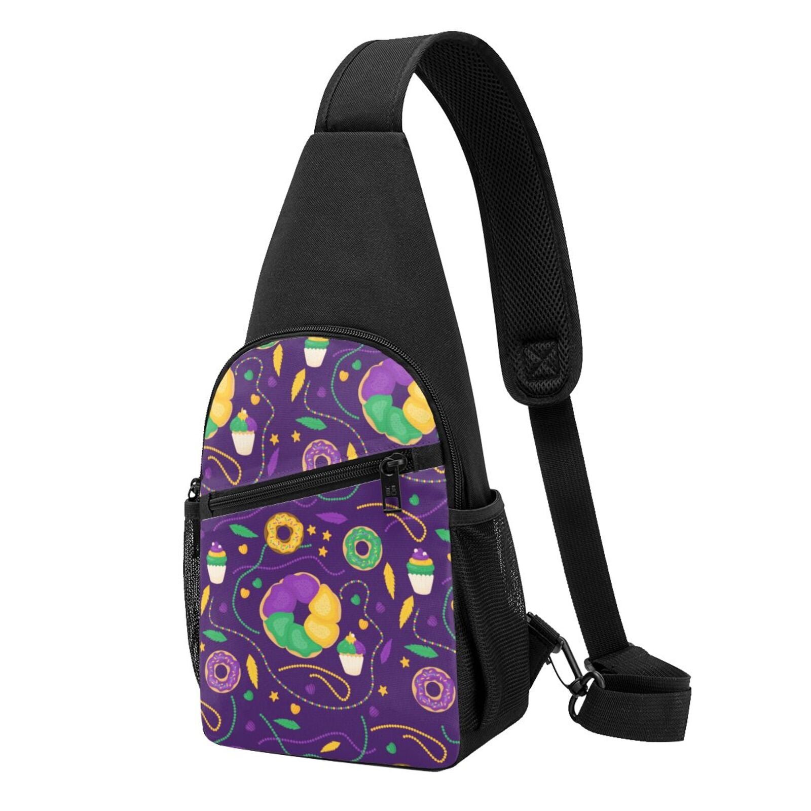 Xecao's Mardi Gras and Donuts Print Sling Bag: A Versatile Chest, Shoulder, and Crossbody Backpack for Casual Days Out, Perfect for Both Men and Women