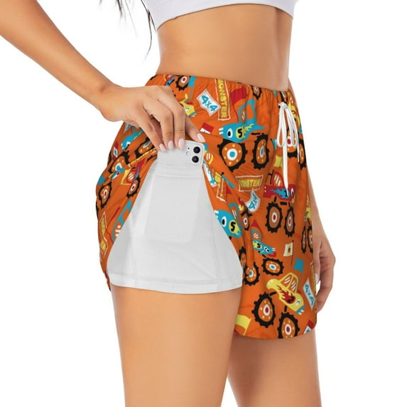 Xecao's Monster Truck,Truck Cartoon for a double-layer running short for women, perfect for gym, tennis, and more, featuring a convenient pocket.