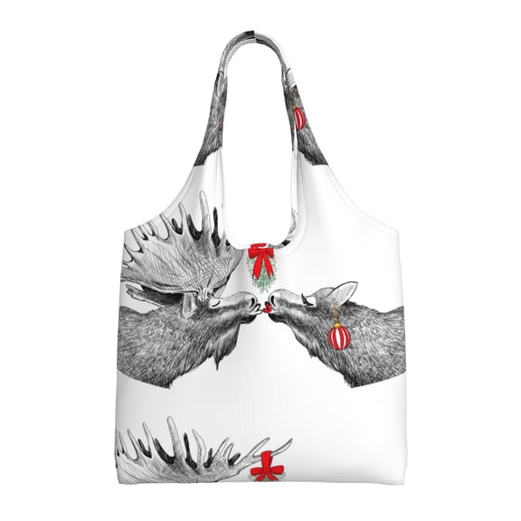 Xecao's Moose Kissing Under Mistletoe Canvas Tote Bag is a versatile choice for women, serving as a stylish beach bag, shopping bag,and reusable grocery bag.