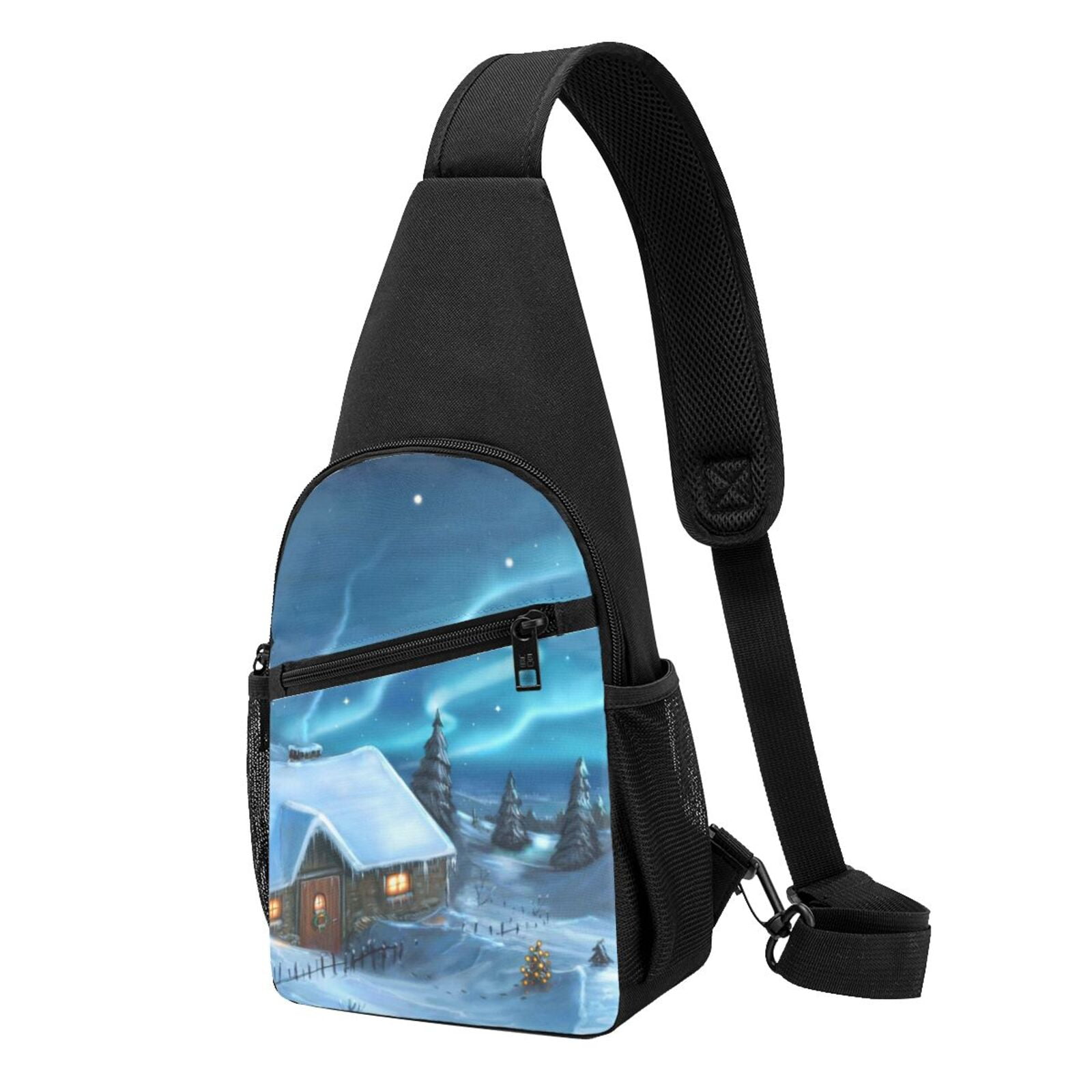 Xecao's Mountain Cottage In Snow Print Sling Bag: A Versatile Chest, Shoulder, and Crossbody Backpack for Casual Days Out, Perfect for Both Men and Women
