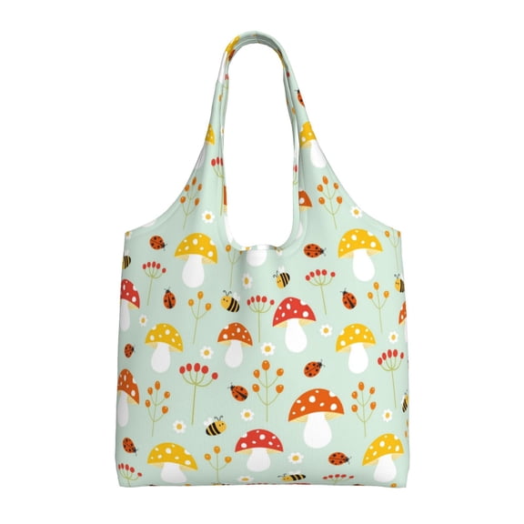 Xecao's Mushroom Bee Canvas Tote Bag is a versatile choice for women, serving as a stylish beach bag, shopping bag,and reusable grocery bag.