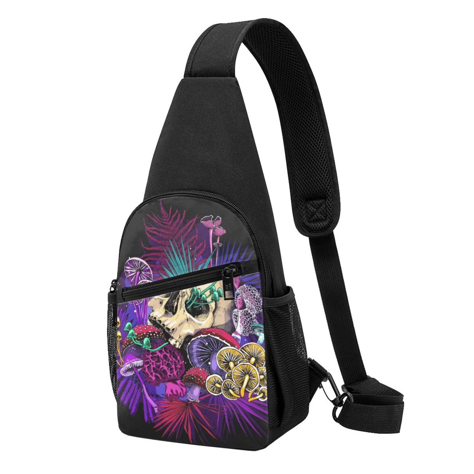 Xecao's Mushrooms and Skull Print Sling Bag: A Versatile Chest, Shoulder, and Crossbody Backpack for Casual Days Out, Perfect for Both Men and Women