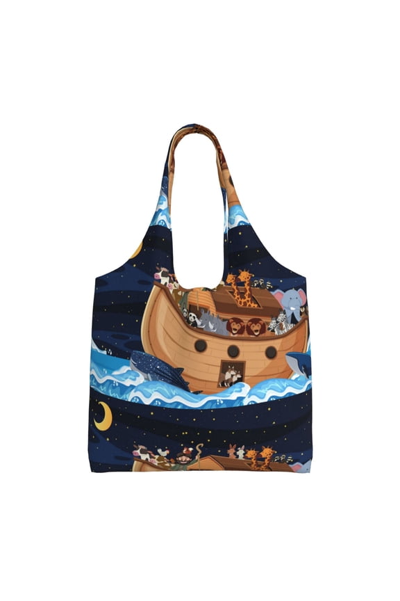 's Ocean Scene with Noah's Ark Canvas Tote Bag is a versatile choice for women, serving as a stylish beach bag, shopping bag,and reusable grocery bag.