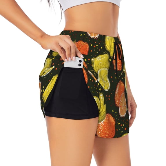 Xecao's Orange Lemon for a double-layer running short for women, perfect for gym, tennis, and more, featuring a convenient pocket.