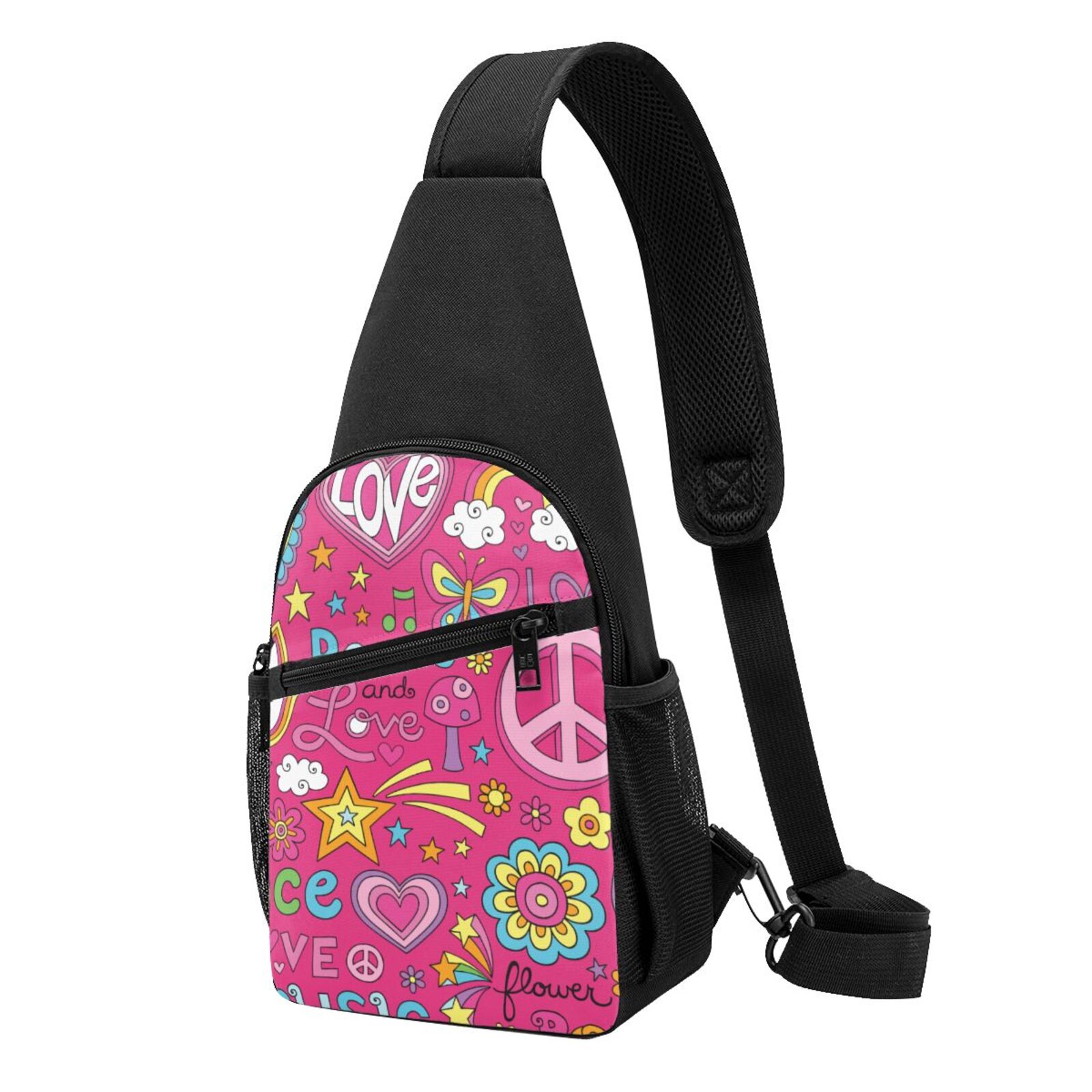Xecao's Peace Love and Dove Flower Power Print Sling Bag: A Versatile Chest, Shoulder, and Crossbody Backpack for Casual Days Out, Perfect for Both Men and Women