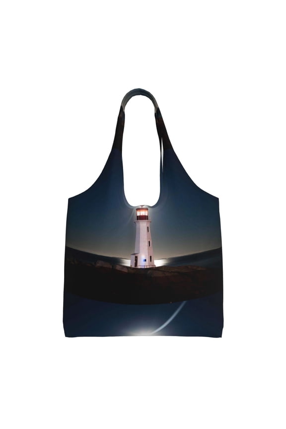 's Peggy's Cove Lighthouse Canvas Tote Bag is a versatile choice for women, serving as a stylish beach bag, shopping bag,and reusable grocery bag.