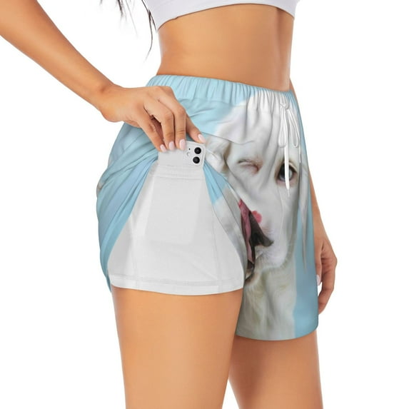 Xecao's Puppy Licks Nose for a double-layer running short for women, perfect for gym, tennis, and more, featuring a convenient pocket.