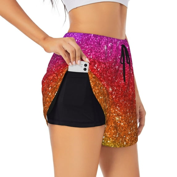 Xecao's Rainbow Glitter for a double-layer running short for women, perfect for gym, tennis, and more, featuring a convenient pocket.