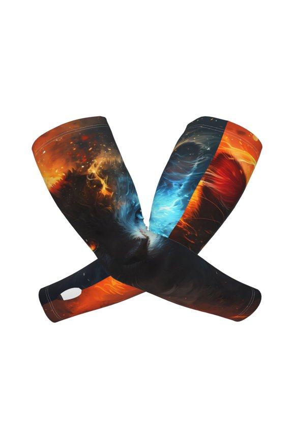 's Red And Blue Fire Cat print Arm Sleeves offer cooling UV protection and sports compression for both men and women.