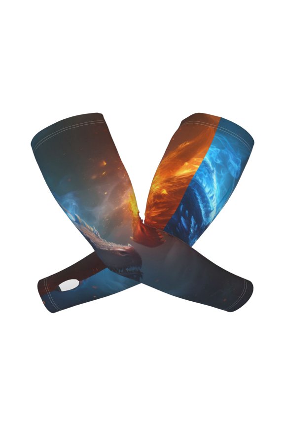 's Red And Blue Fire Dragon E print Arm Sleeves offer cooling UV protection and sports compression for both men and women.