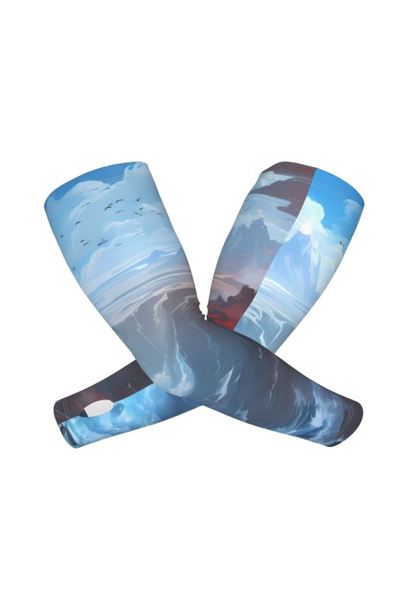 's Red And Blue Fire Mountains print Arm Sleeves offer cooling UV protection and sports compression for both men and women.