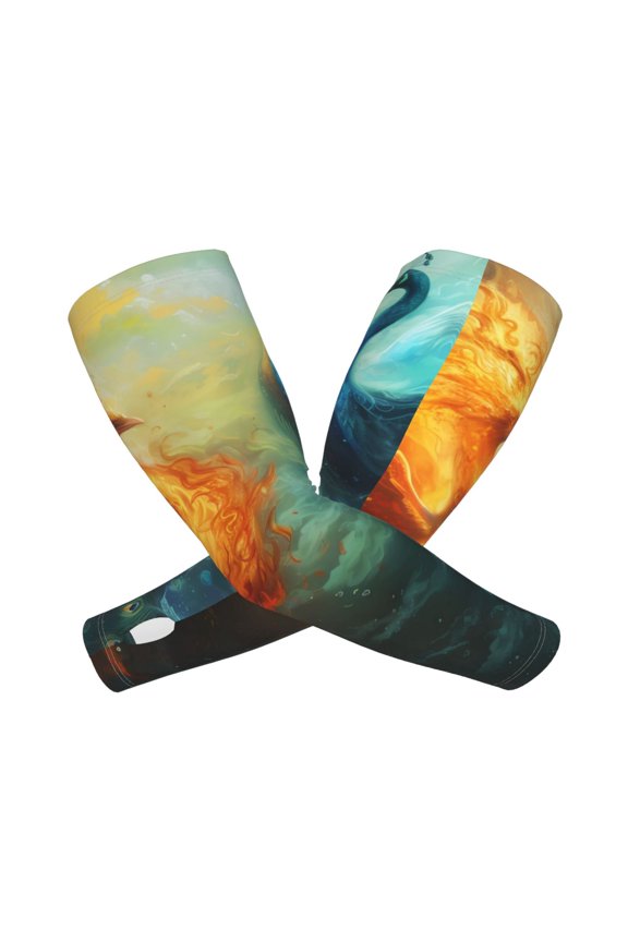 's Red And Blue Fire Peacock print Arm Sleeves offer cooling UV protection and sports compression for both men and women.