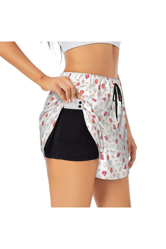 's Red coral and scallop seashell for a double-layer running short for women, perfect for gym, tennis, and more, featuring a convenient pocket.