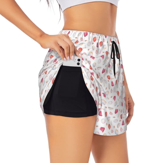 Xecao's Red coral and scallop seashell for a double-layer running short for women, perfect for gym, tennis, and more, featuring a convenient pocket.