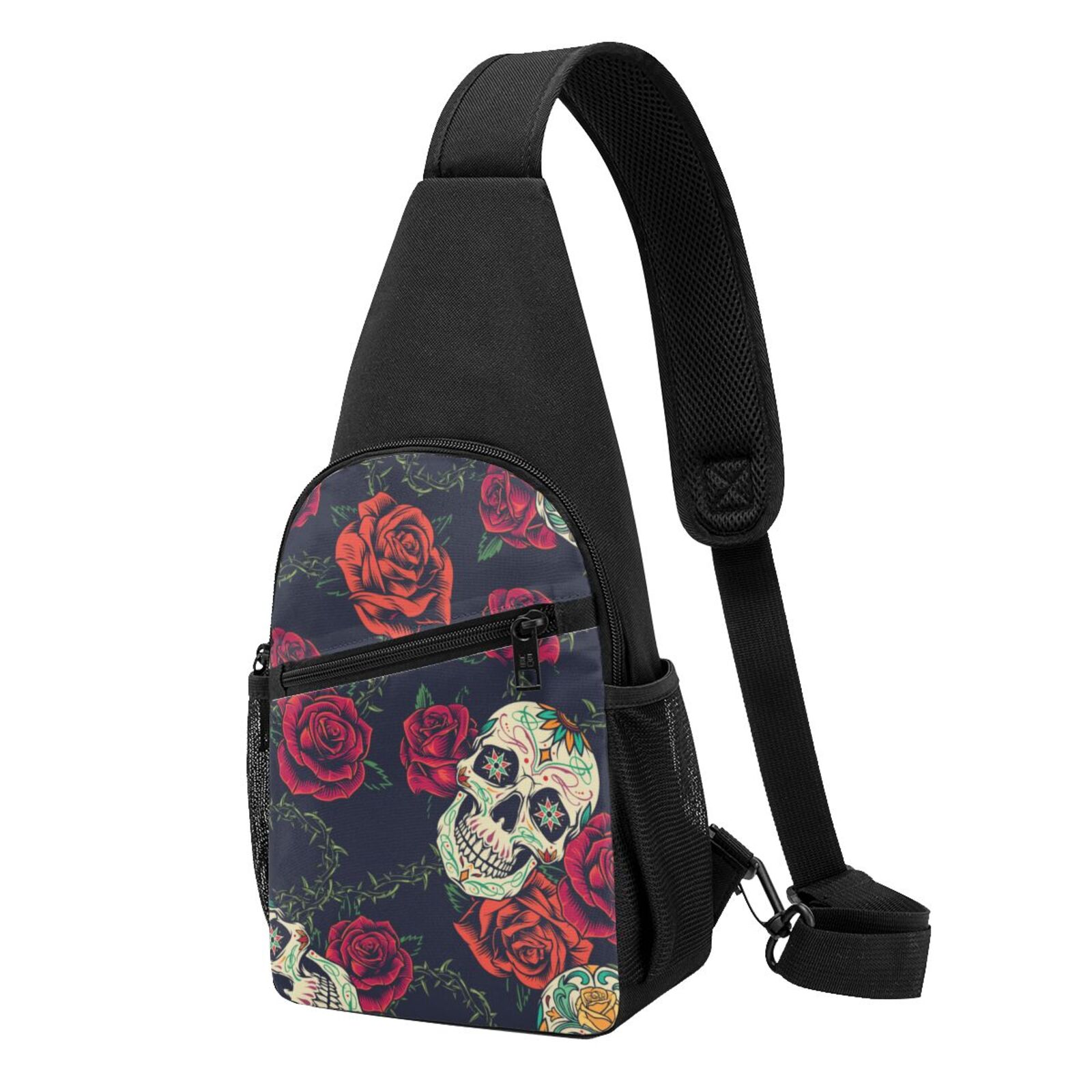 Xecao's Roses Skulls Print Sling Bag: A Versatile Chest, Shoulder, and Crossbody Backpack for Casual Days Out, Perfect for Both Men and Women