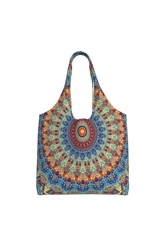 's Round Mandala Canvas Tote Bag is a versatile choice for women, serving as a stylish beach bag, shopping bag,and reusable grocery bag.